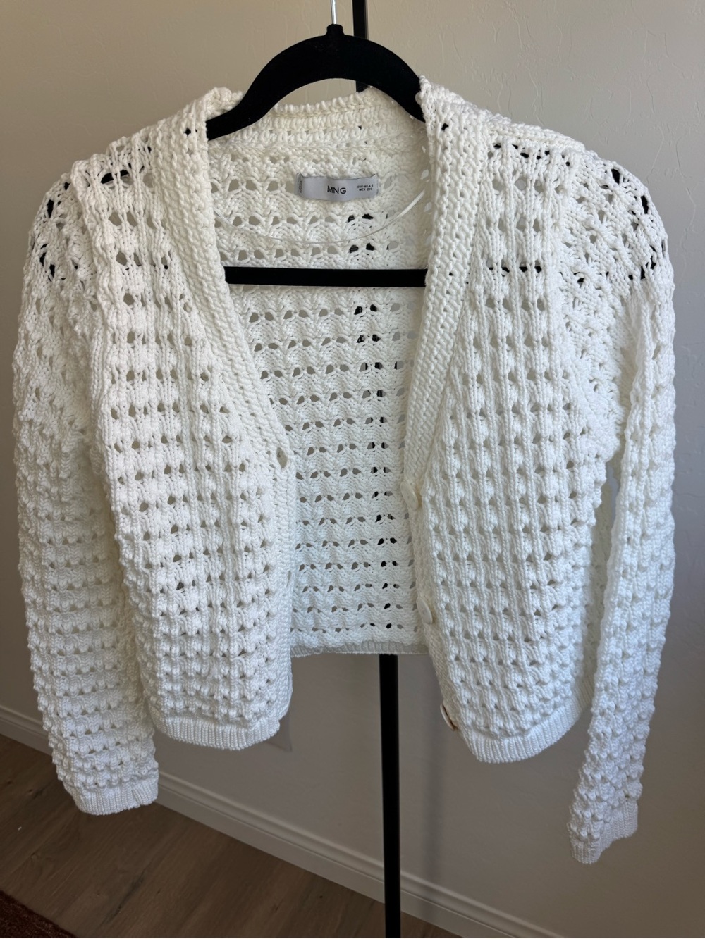 Mango White Open-Weave Cropped Cardigan